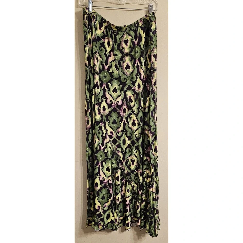 Soft Surroundings Maxi Skirt Women XL Green Purple Damask Scroll Stretch 25919